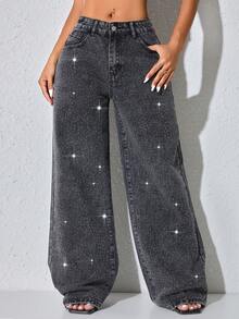 Pantalones vaqueros azules de tiro bajo y pierna ancha, con bolsillos en sesgo y adornos de cuentas, para vacaciones de primavera - Negro - Ver 3