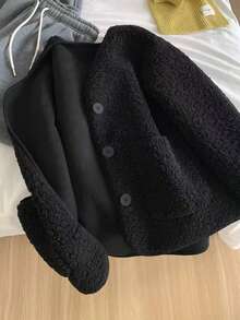 大码女式黑色泰迪绒仿毛皮纽扣前开襟长袖开衫外套，时尚外套，略带弹性