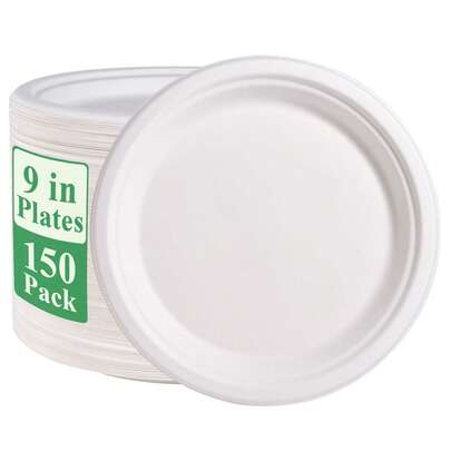 150 Pack Paper Plates 9 Inch 100% Compostable, Heavy-Duty Disposable Paper Plates Bagasse Natural Compostable Friendly Sugarcane(White)