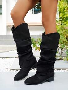 Women's New Autumn/Winter Velvet Ruched Tall Boots, Vintage Black Wide Shaft Pointed Toe Chunky Mid-Heel Fashion Boots, Unique Niche Design Punk Style Chelsea Boots For Outdoor Casual Fashion - Black - View 3