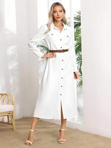 VESTIDO LARGA UNICOLOR PARA MUJER,VESTIDO CAMISERO MANGA ENROLLADA,VESTIDOS CON BOTONES DELANTEROS Y CINTURÓN - Blanco - Ver 6