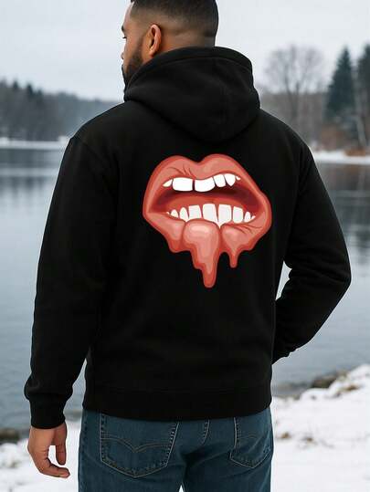 1 Pieza Sudadera con Capucha de Labios y Lengua Divertidos para Hombre - Estilo Retro de Calle Sobredimensionado en Negro y Rojo con Impresión de Beso, Conjunto de-Hop, Adecuada para Halloween, Gimnasio y Ropa Casual Sudadera de Alta Calidad (Lavable aáquina), Disfraz de Halloween, Material Cómodo, Costuras de Alta Calidad, Top de Manga Larga, Estilo Urbano