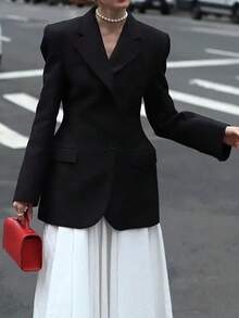 Women's Fashionable Elegant Coat, Solid Color Polyester, Front Button Fake Pockets, Casual Daily Airport - Black - View 7