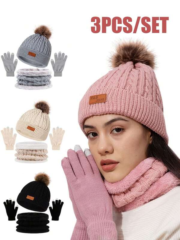 Conjunto de inverno feminino com 3 peças: gorro, luvas e cachecol de lã polar. Design à prova de vento e com tecido grosso, perfeito para atividades ao ar livre. Ideal como presente de Natal e outono/inverno para sua namorada e família. Luvas de neve.