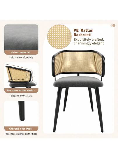 Dining Chairs, Chairs Rattan Backrest, Fluwelen Cushion Seat, Com Tafel Breathable, Moderne Restaurants, Living Rooms Cafes view 4