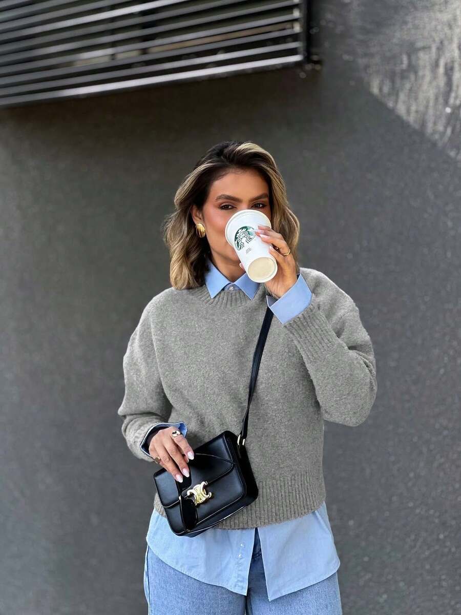 SOOKAUG 学院风宽松针织毛衣，女士高品质休闲时尚修身套头衫，适合初秋穿着 - 淺灰色 - 查看 1