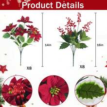 16 Pcs Artificial Poinsettia Bouquet Christmas Fake Flowers With Red Berries Winter Floral For Centerpiece Xmas Indoor Outdoor Drations,26166927 - 紅木色 - 查看 2