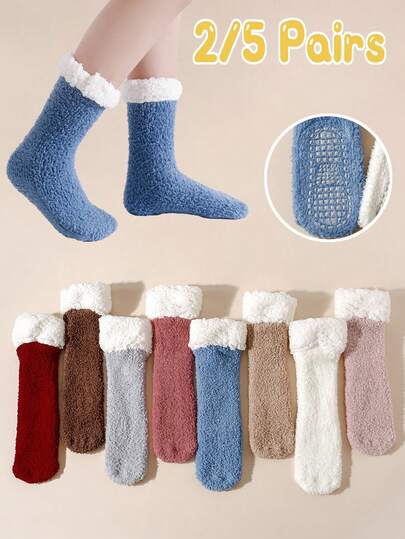 2/5 pares de calcetines de media caña de forro polar de unicolor para niños, con puntos antideslizantes en la suela, cálidos y gruesos para el invierno