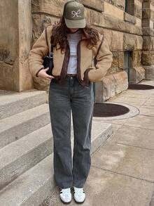 Women's Color Block Teddy Jacket Cropped Zip Up Fuzzy Sherpa Stand Collar - Màu Khaki - Xem 4