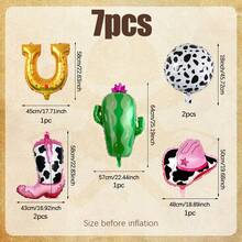 7pcs Western Cowboy Party Set, Includes Pink Cowboy Boots, Pink Cowboy Hat, Horseshoe, Cactus Foil Balloon, Cow Print Foil Balloon, Suitable For Cowboy Parties, Wild West Bachelor Parties, Western Themed Birthdays, Animal Themed Parties, Horse Racing, Country Style, First Rodeo Event Decorations