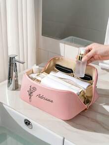 Personalized Monthly Cosmetic Bag - Customizable Name & Floral Pattern, Large Capacity Portable Travel Makeup Bag, Soft Makeup Pouch For Women, Beige & Black Floral Print, Cosmetic Travel Bag, Monthly Theme Design, Elegant Font - Multicolor - View 3