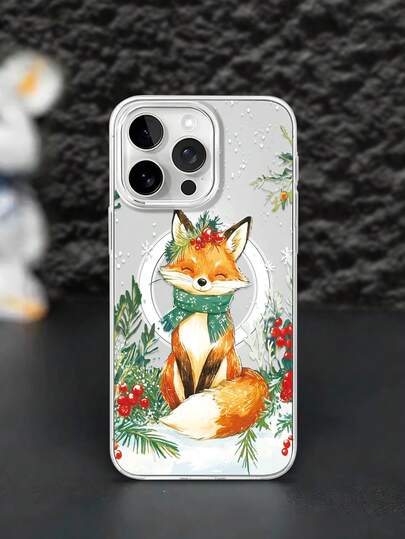 1 pieza Funda protectora magnética transparente para teléfono, con estampado de zorro sonriente, estilo coreano sencillo, adecuada para invierno, Navidad, compatible con iPhone 11 12 13 14 11Pro Max 12Pro Max 13Pro Max 14Pro Max XR 15 15Pro 15Pro Max 16 16Pro 16Pro Max, Series