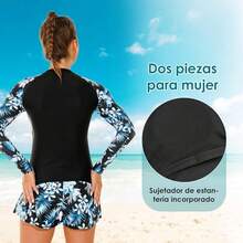 Traje de baño para mujeres, traje de baño de 2 piezas de manga larga para mujeres, traje de baño de playa, fiesta de surf, natación en piscina, traje de baño completo para mujeres - Flor verde - Ver 11