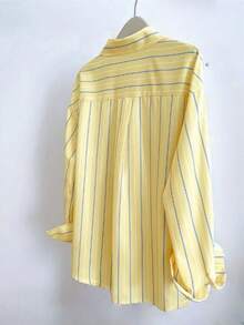 Casual Women's Yellow And Blue Striped Long Sleeve Drop Shoulder Collared Polyester Shirt Blouse With Button Details Regular Length - 黃色 - 查看 2