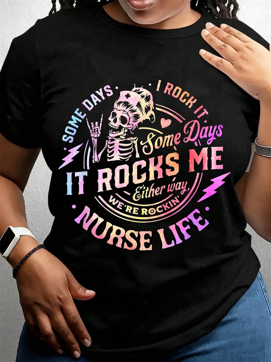 Nurse Life T Shirt Some Days I Rock It Some Days It Rocks Me Rockin Nurse Gift For Nurses Funny Nursing Shirt Women Black Top - 黑色 - 查看 1