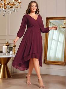 EVERPRETTY Vestido de dama de honor o invitada de boda de longitud midi en talla grande para mujer, con escote en V, mangas largas, plisado con doblez y corte asimétrico en gasa