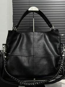 Ladies' Fashionable Vegan Leather Tote Bag, Large Capacity Retro Handbag, Silver Hardware Decoration Letter Commuting Ladies' Wallet, Suitable For Daily Use And Work, Is An Ideal Holiday Gift. - màu đen - Xem 9