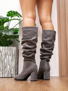 Botas altas hasta la rodilla con tacón apilado para mujer de otoño/invierno, botas de montar con tacón grueso y punta puntiaguda versátiles, botas de tobillo con tacón alto delgado y ajuste minimalista