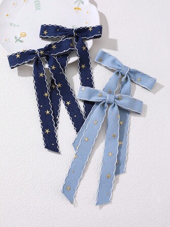 2 Stücke/4 Stücke Mädchen & Teenager Denim Schleifen, Stern, Mond Haarspangen Set