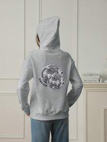 1 件 Tween Girl 休闲图案印花连帽运动衫，秋冬 - 灰色 - 查看 2