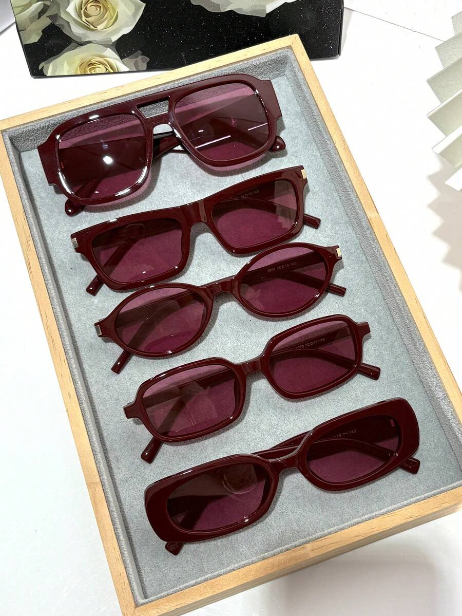 1pc Small Frame Various Shapes Fashion Glasses Retro Personalized Versatile Men's And Women's Fashion Glasses Wine Red Glasses Suitable For Daily Wearing Street Photography Jealousy Ah Travel Summer Beach Accessories Women's Accessories Autumn And Winter Outfit Festival/Birthday/Girlfriend Gift - 酒紅色 - 查看 1