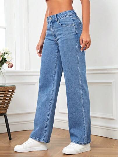 Jeans de mezclilla de pierna recta de alta elasticidad para mujer con bolsillos, estilo largo e informal, perfectos para todas las estaciones.