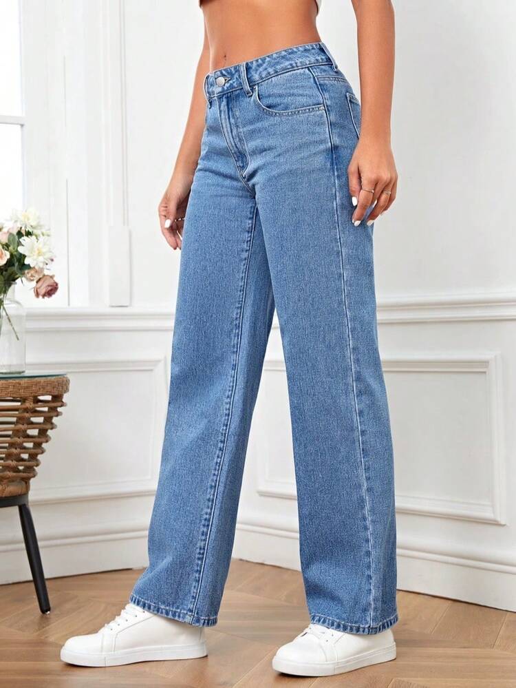 Jeans de mezclilla de pierna recta de alta elasticidad para mujer con bolsillos, estilo largo e informal, perfectos para todas las estaciones. - Azul lavado oscuro - Añade 1