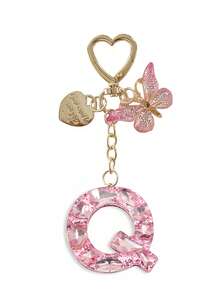 1pc Shiny Pink Rhinestone 26 Alphabet Letter Keychain, With Heart Tag Butterfly Metal Heart Charm Pendant, Creative Fashion Women Backpack Decor, Party Gathering Stylish Gift, Anniversary, Valentine's Day, Christmas Gift For Friends, Family, Teachers Bag Charms Car Accessories Sister Gift Ideas