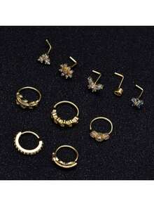 10Pcs Multi-Piece Fashion Versatile Silver, Gold & Rose Gold-Toned Cubic Zirconia Inlaid Floral, Feather Detail Nose Ring Set Unisex For Daily & Festival Celebration