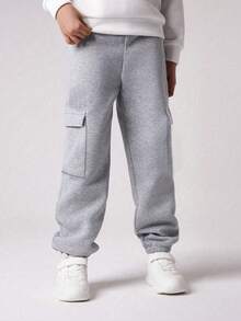 1 Peça Calça de Moletom Casual e Larga com Bolso Lateral, Reta, para Meninos Pré-Adolescentes, Calça Térmica Forrada Grossa e Quente para Exercícios e Esportes ao Ar Livre, Outono/Inverno - Cinza - Visão 5