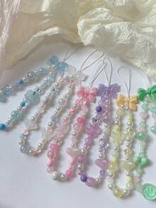 1件时尚手提链手机壳挂绳串珠腕带手链蝴蝶结设计防丢女士礼物，送给母亲、家人、朋友，生日、节日手机挂饰，手机链 - 彩色 - 查看 5