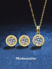 3pcs Elegant Luxury 925 Silver Moissanite 0.5ct Stud Earrings & 0.5ct Necklace Set, Suitable For Women's Daily Wear, Party, Commute, Jewelry Gift