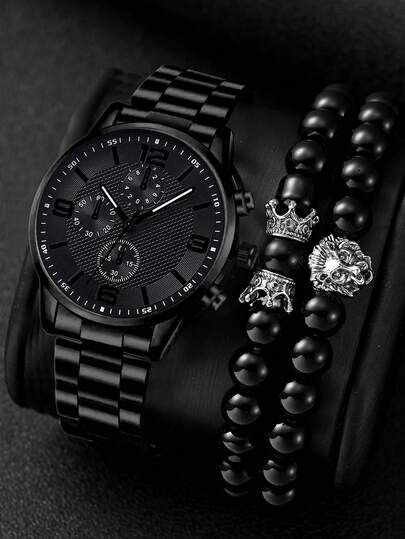 3Pcs Men's Black Strap Casual Business Three Eye Mixed Dial Quartz Watch Bracelet Combination Set Suitable For Daily Wear Decoration Or Holiday Gift Giving