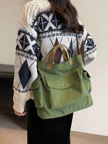 Canvas Material Solid Color Large Capacity Multi-Pocket Women's Tote Bag, Autumn/Winter - Green - View 1