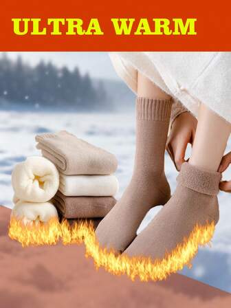 6 Pairs Winter Warm Socks, Autumn/Winter Thermal Lined Socks, Women's Mid-Calf Socks, Thick Warm Towel Socks, Solid Color Versatile Crew Socks, Men's Knee-High Socks