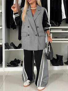 Fashionable & Elegant Women's Color Block Cuff Ribbed Hem Splice Tape Office Casual Suit Set, Suitable For Commuting, Business, And Everyday Casual Wear Spring - Grey - View 1