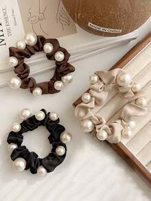 3pcs Women's Black, White, Brown 7cm/2.76in Faux Pearl Satin Scrunchies, Fashion Versatile High-End Elegant Simple Minimalist Solid Color Hair Accessories Suitable For Daily, Casual, Party, Commute, Beach, Ponytail, Bun, Washing Face, Makeup, Outfit Matching, Ponytail Holders, Hair Elastics, Hair Rubber Bands, Elastic Hair Tie, Home Beauty Women Accessory Gifts ,Hair Rope