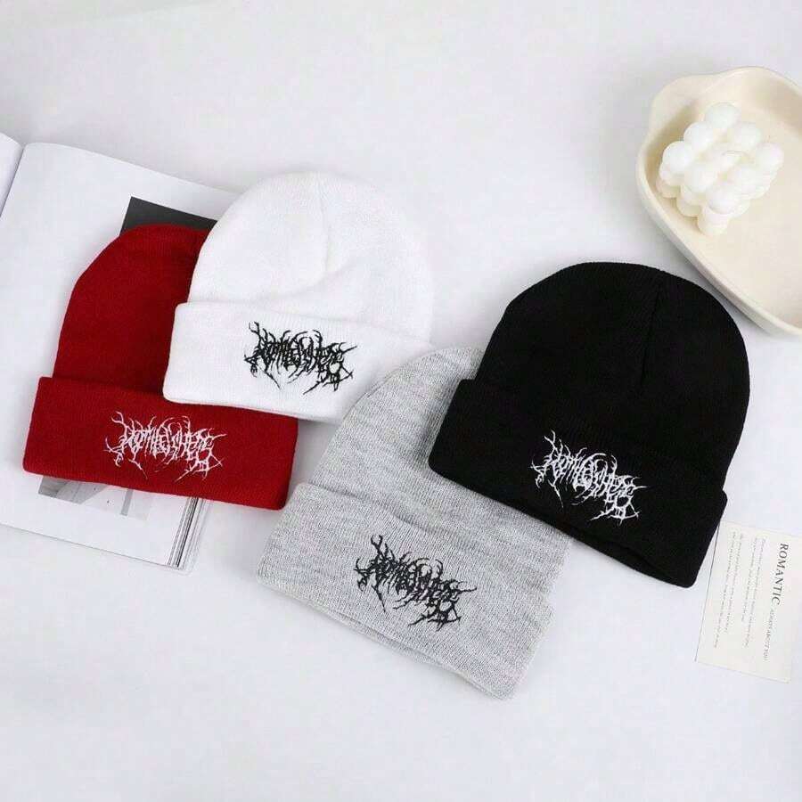 1pc/2pcs Gothic Style Men Scar Embroidery Knit Beanie, Women Fashion Street Ski Hat, Warm Versatile Windproof Loose Outdoor Cycling Oversized Cap, All Season Pom Pom Hat, New Year Warm Knit Hat, Suitable, Halloween, New Year Holiday Parties.Gothic Knit Hat Is An Excellent Holiday Friends, Family And Colleagues. - 彩色 - 查看 1