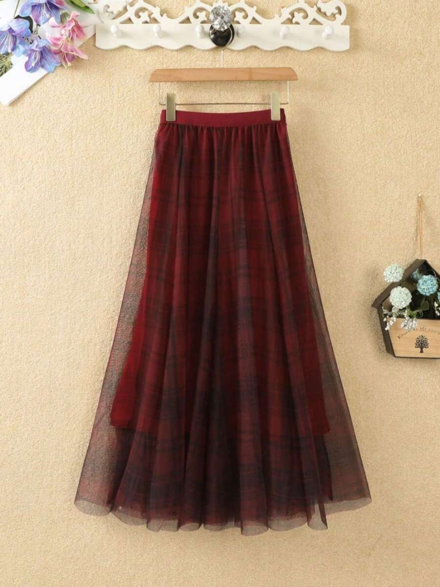 LuminousWealth 女士复古格纹网纱 A 字裙，高腰显瘦喇叭薄纱裙，适合休闲或办公穿着，四季皆宜 - 彩色 - 查看 1