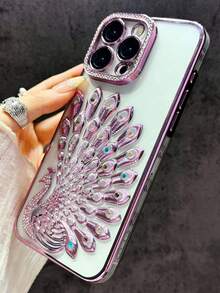 Luxury Plating Peacock Glitter Diamond Phone Case Compatible With IPhone 17 Pro Max 17 Pro 16 15 Pro Max 14 Pro 13 Soft Clear Lens Film Cover - Pink - View 4