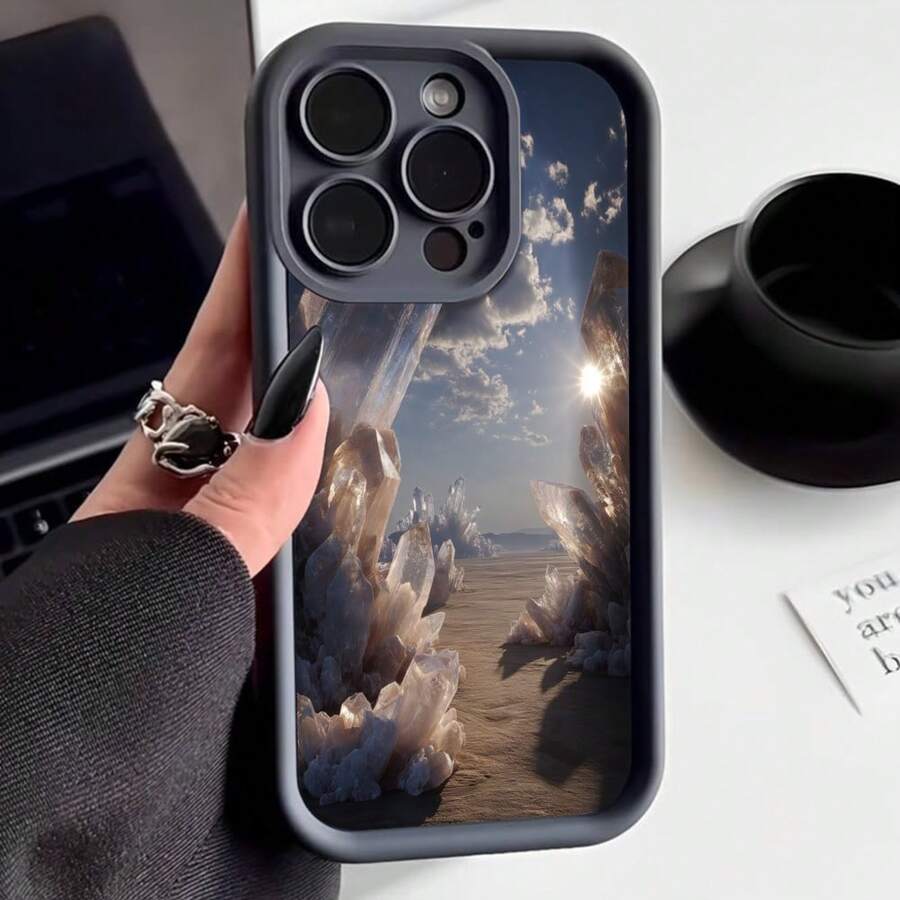Funda para telefono con borde protector color gris oscuro diseño de cristales en desierto paisaje surrealista con sol brillante y nubes adecuada para uso diario y viajes - Blanco - Ver 1