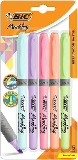 BIC, Marcatextos con Grip, Subraya Todo, Punta Cincel, Marking Pastel, Surtido de Colores, 5 piezas