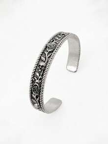 1pc Vintage Adjustable Skull & Rose Floral Carving Bracelet, Rockstar/Casual Style For Men - Antique Silver - View 8