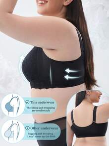 Women's Plus Size Lace Bra - Sexy Push-Up Anti-Sagging, Warm Skin-Friendly Fabric, Comfortable For Autumn & Winter Wear - Black - View 2