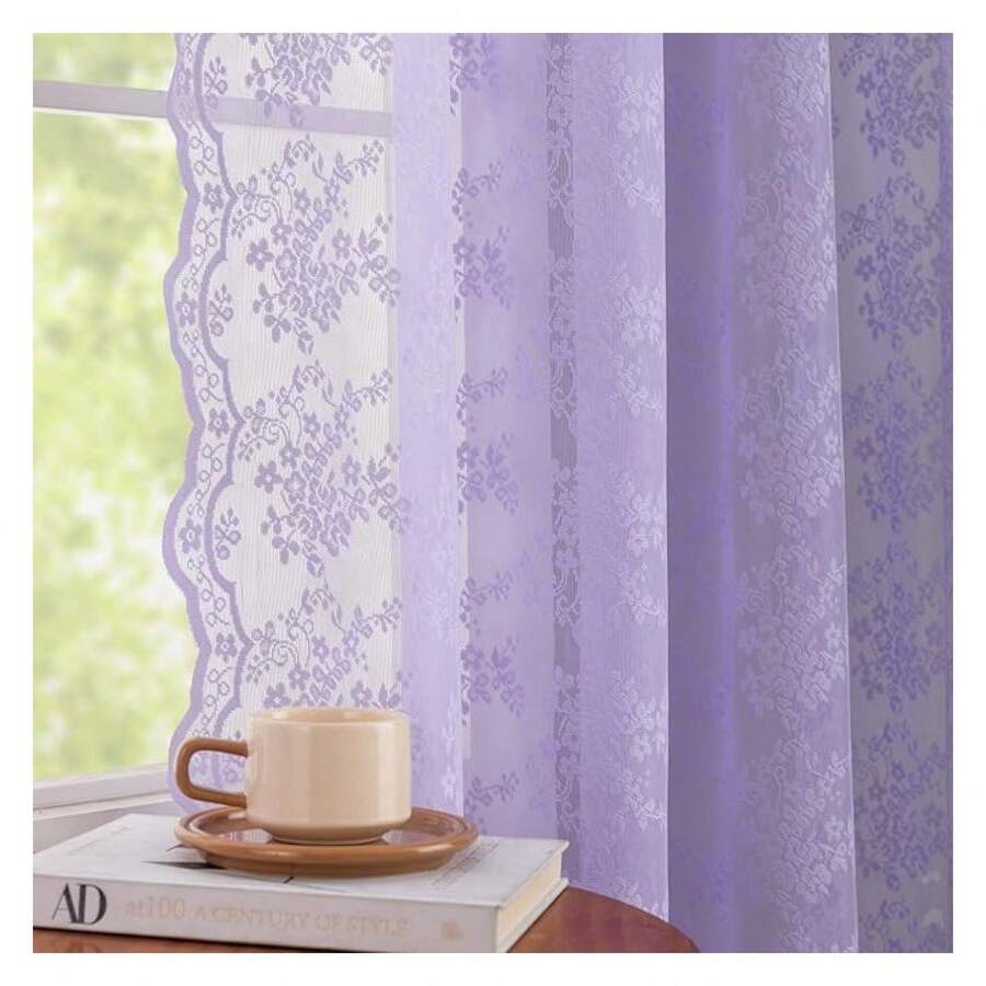 Lavender Lace Curtains 96 Inches Long Pair ShabbyViolet Curtains RomanticFloral Sheer Panels For Girl Bedroom Living Room Dining Room Wedding Party Backdrop Dcor 52W X 96L - 多色614 - 查看 1