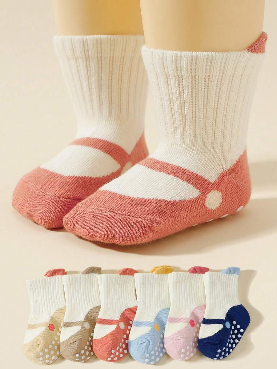 6 Pairs Baby Socks, Anti-Slip Dot Grip Crew Socks With Faux Shoelace Design, All Season - Multicolor - View 1