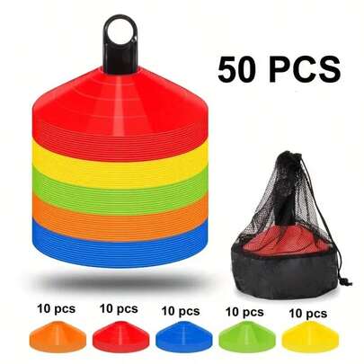 50Pcs Football Training Cones Multicolor Football Sports Marker Cones Disc Mark Field Markers With Easy Carry Handle Includes Mesh Bag For Organized Storage Perfect For All Skill Levels Mesh Bag Storage Flat Cone Design Lightweight Sports Discs Soccer Accessories