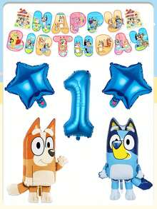 Bluey主题卡通生日派对用品铝膜气球套装横幅横幅气球，小狗生日派对装饰套装横幅横幅气球节日装饰用品，橙色挥手狗和蓝色站立狗，配18英寸蓝色星星，适合生日周年派对装饰 - 彩色 - 查看 20