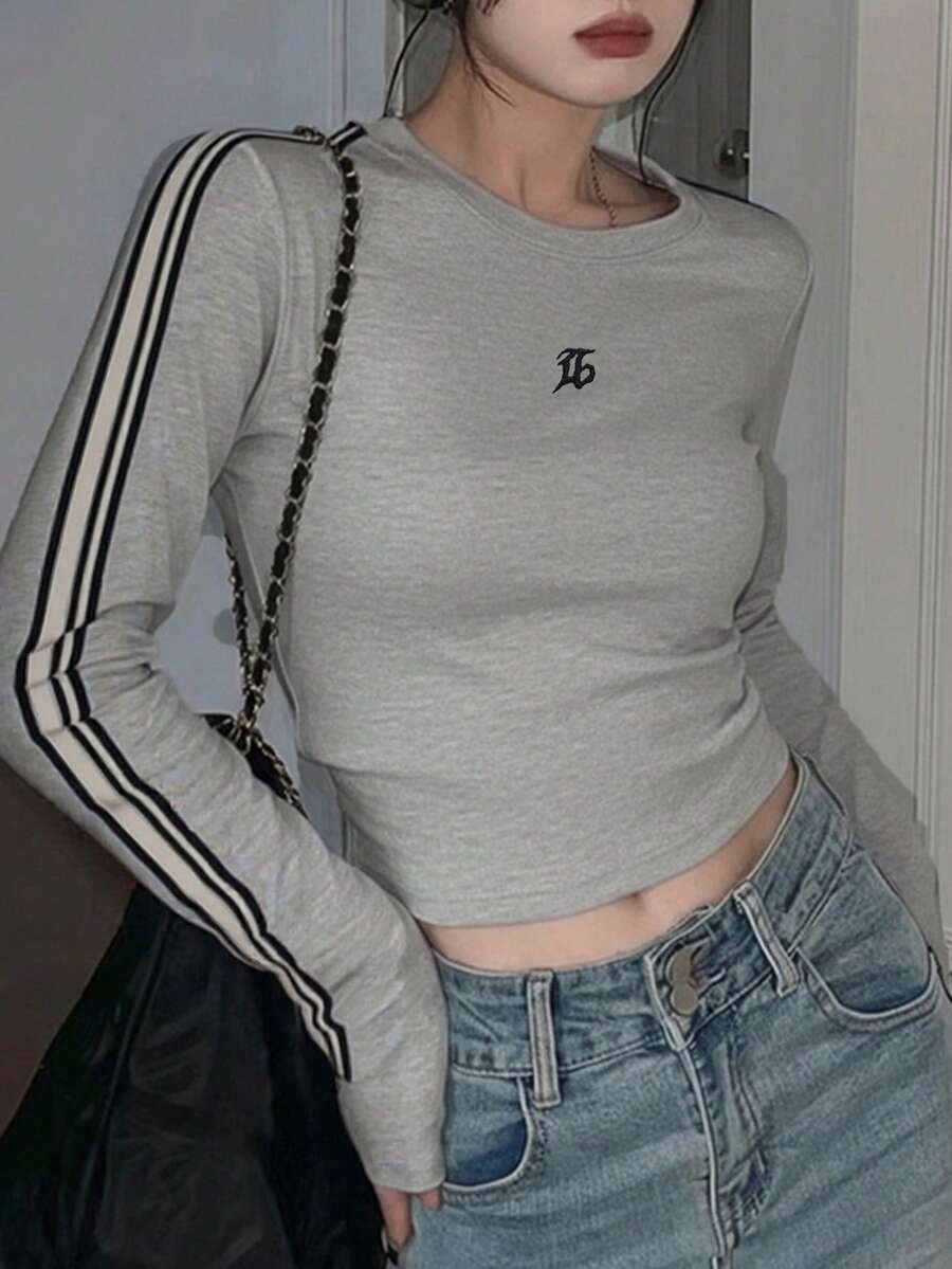 女式修身圆领字母刺绣长袖T恤，春夏 - 灰色 - 查看 1
