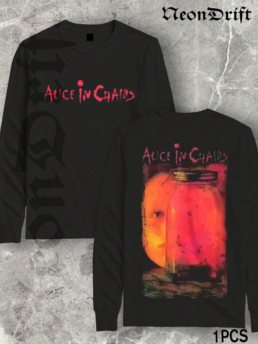 NeonDrift Double-Sided Printing Christmas Thanksgiving Happy New Year 2026 Gifts-Alice In Chains Long Sleeve T Shirt Black Band Logo Vintage Rock Music Art Print Men's Casual Streetwear Fashion Unisex Top Heavy Metal Fans Gift 1PCS - màu đen - Xem 1